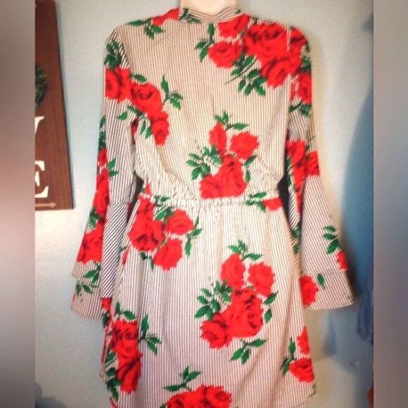 Blush striped floral tunic/mini dress with ruffle bell sleeve - Picture 2 of 11